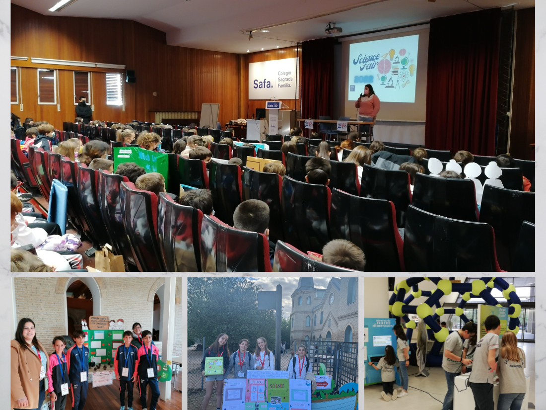Exposición de los trabajos de la Science fair en el salón de actos del colegio SAFA de Zaragoza.